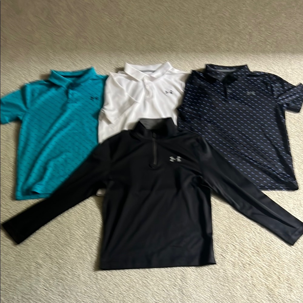 Under Armour Teal, White, Navy Polos and Black Pullover.  Youth large.